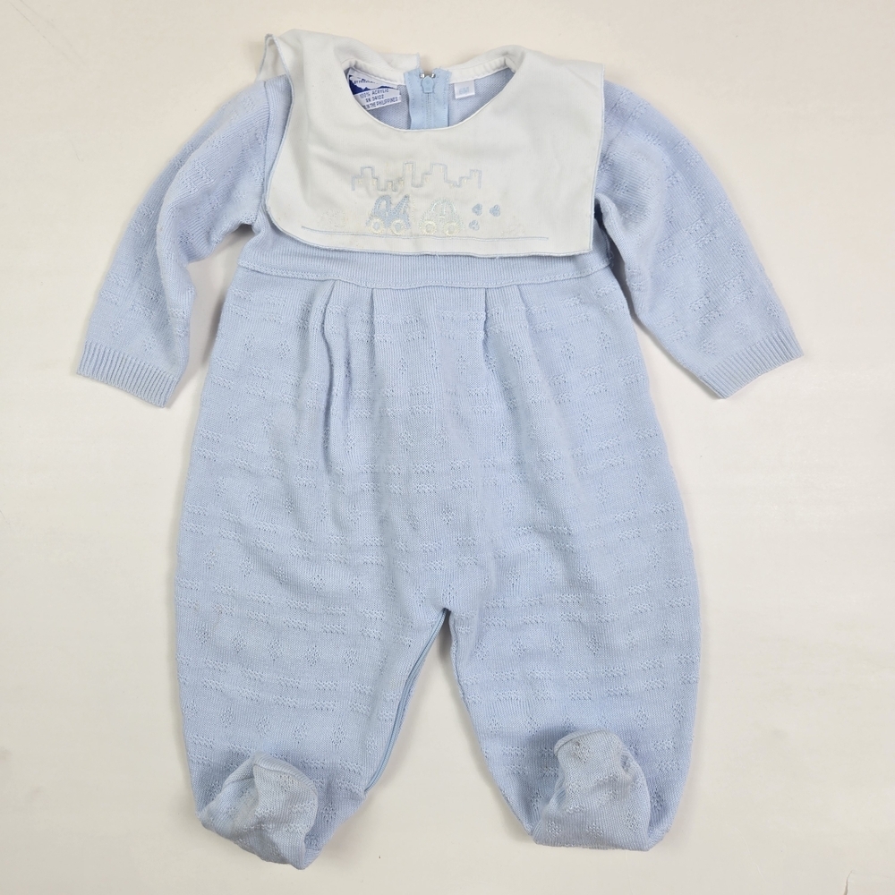 Vinatge Carriage Boutique Romper 6 Months Light Blue Knit With Attached Bib